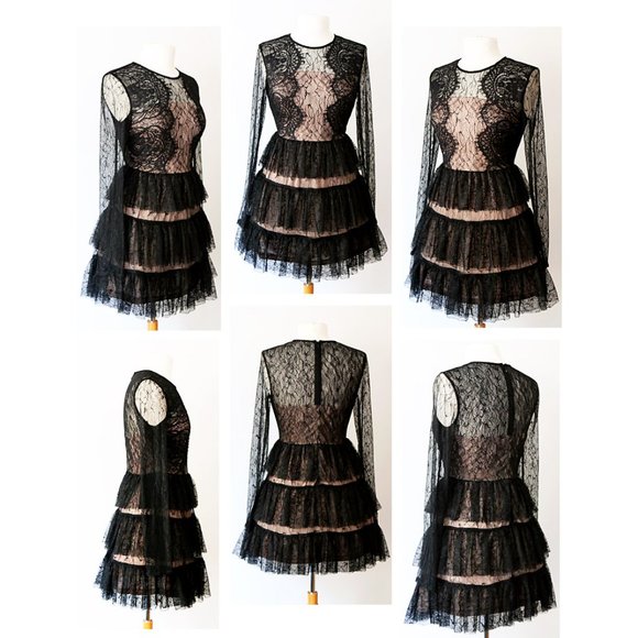 Black Lace Overlay Tiered Ruffle Romantic Dress - Picture 7 of 8